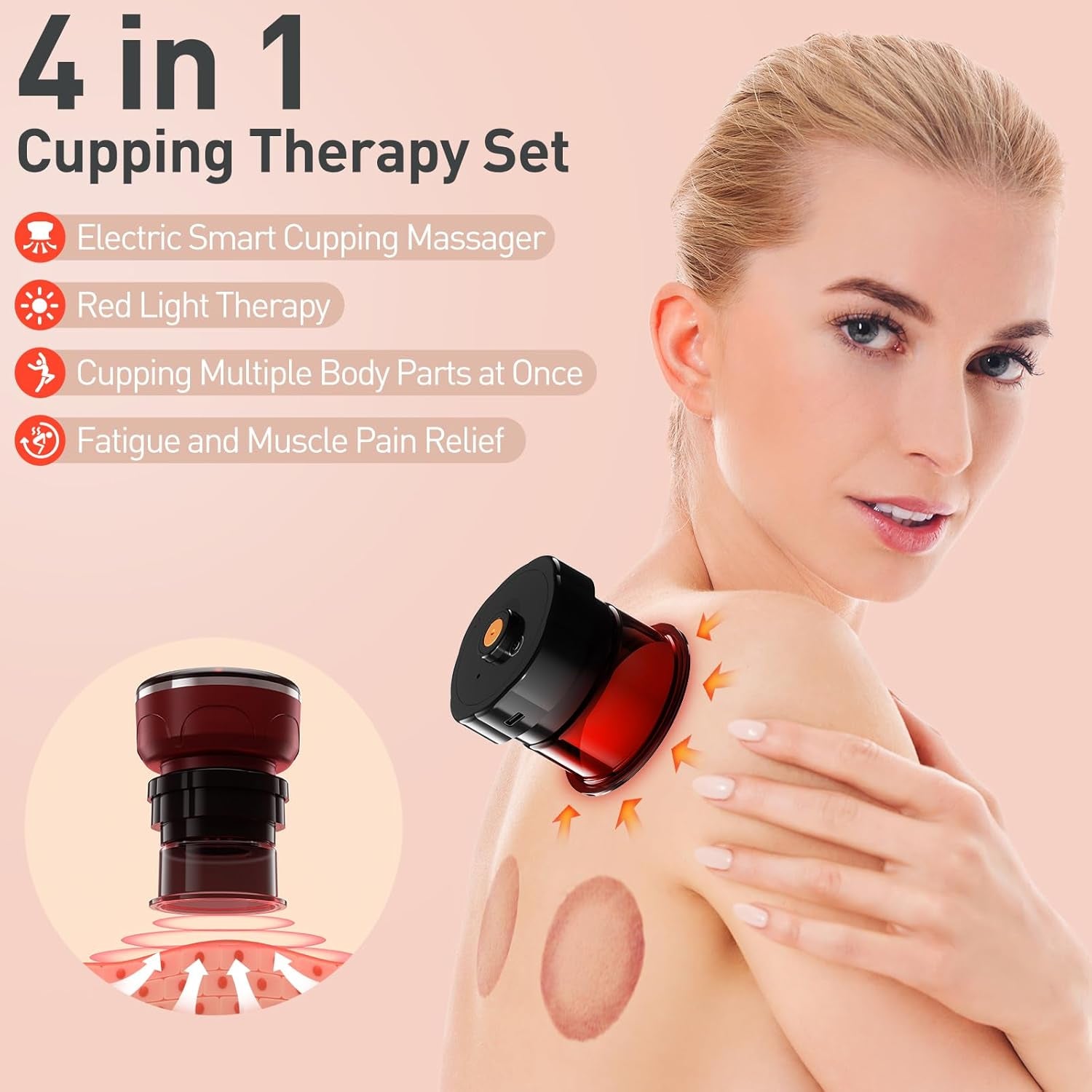 Smart Cupping Therapy Set - Cellulite Massager with 6 Massage Cups, Portable Electric Device for Enhanced Blood Circulation, Reduced Cellulite, and Muscle Soreness Relief（Red）